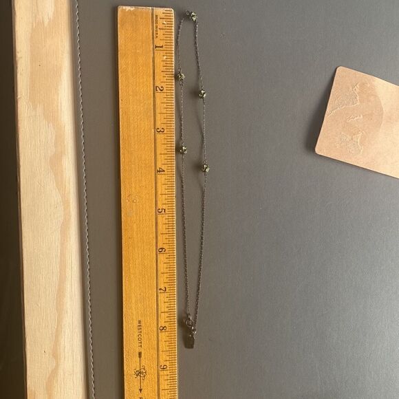 1928 Signed Gunmetal Colored Dainty Necklace With green Rhinestone Stations - Picture 8 of 8